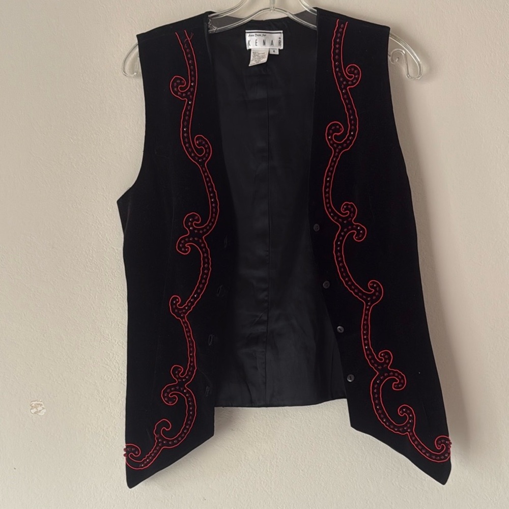 Vintage Kenar Black Cotton Vest with Red Accents